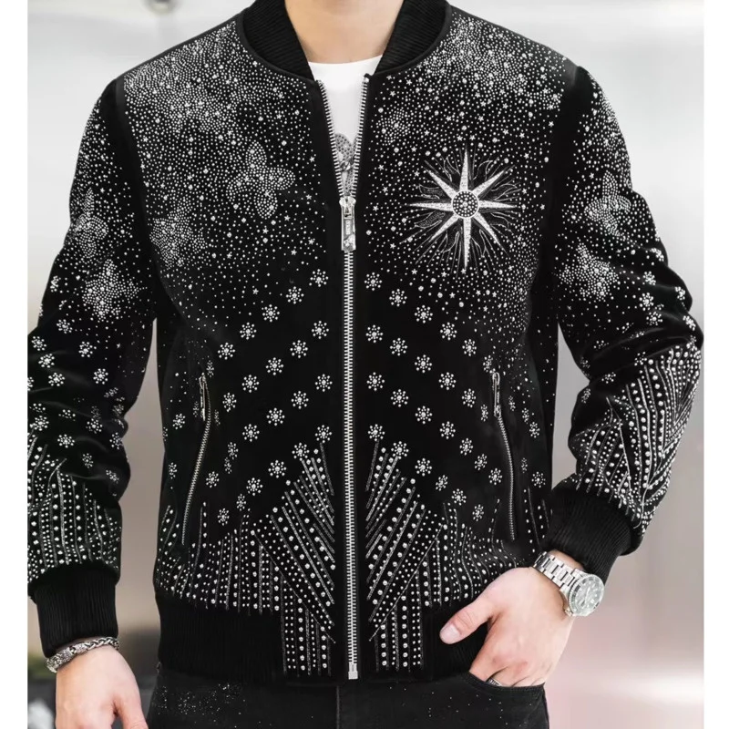 

High Quality Luxury Hot Drill Jacket Men Sunflower Pattern Rhinestones Men Jacket Coat Fashion Punk Club Outfit Slim Jacket