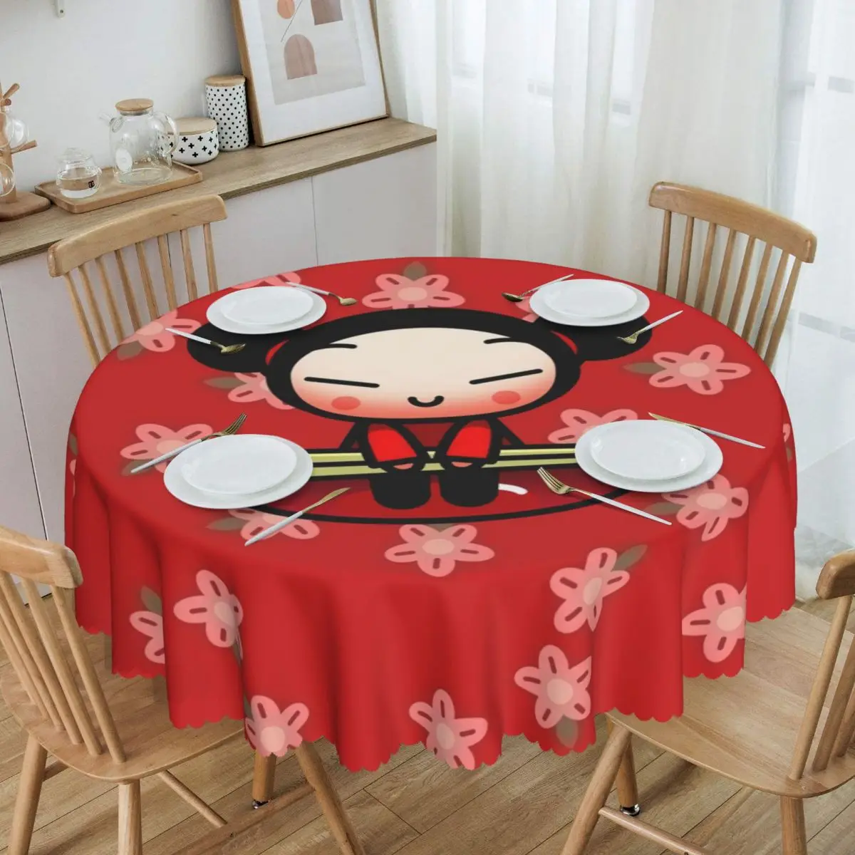 Round Cartoon Anima Pucca Tablecloth Waterproof Oil-Proof Table Cover 60 Inches Table Cloth