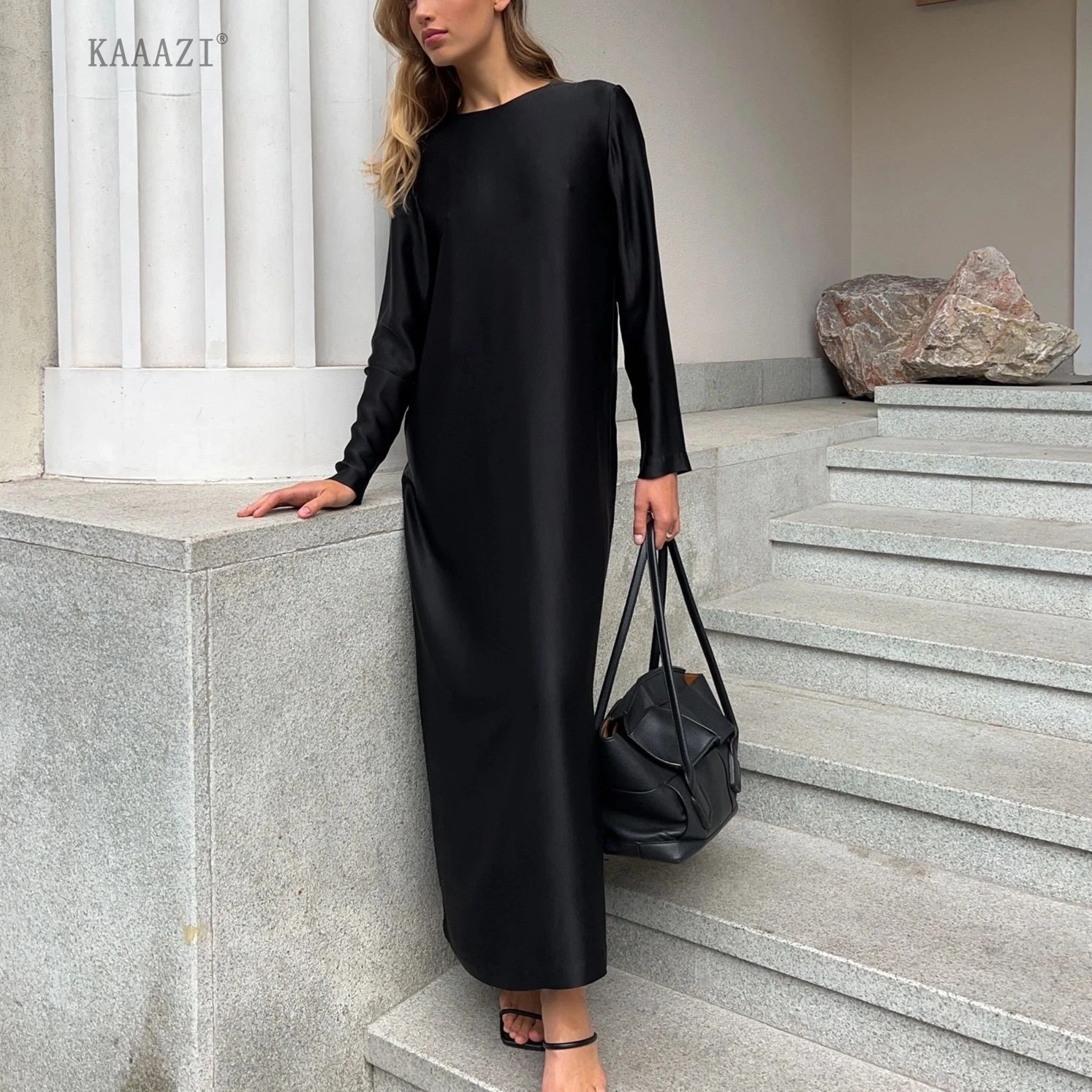 

KAAAZI Elegant Long Sleeve Slim Split Long Dress Solid Fashion Women New Satin Office Ladies Midi Dress Party Prom Vestidos