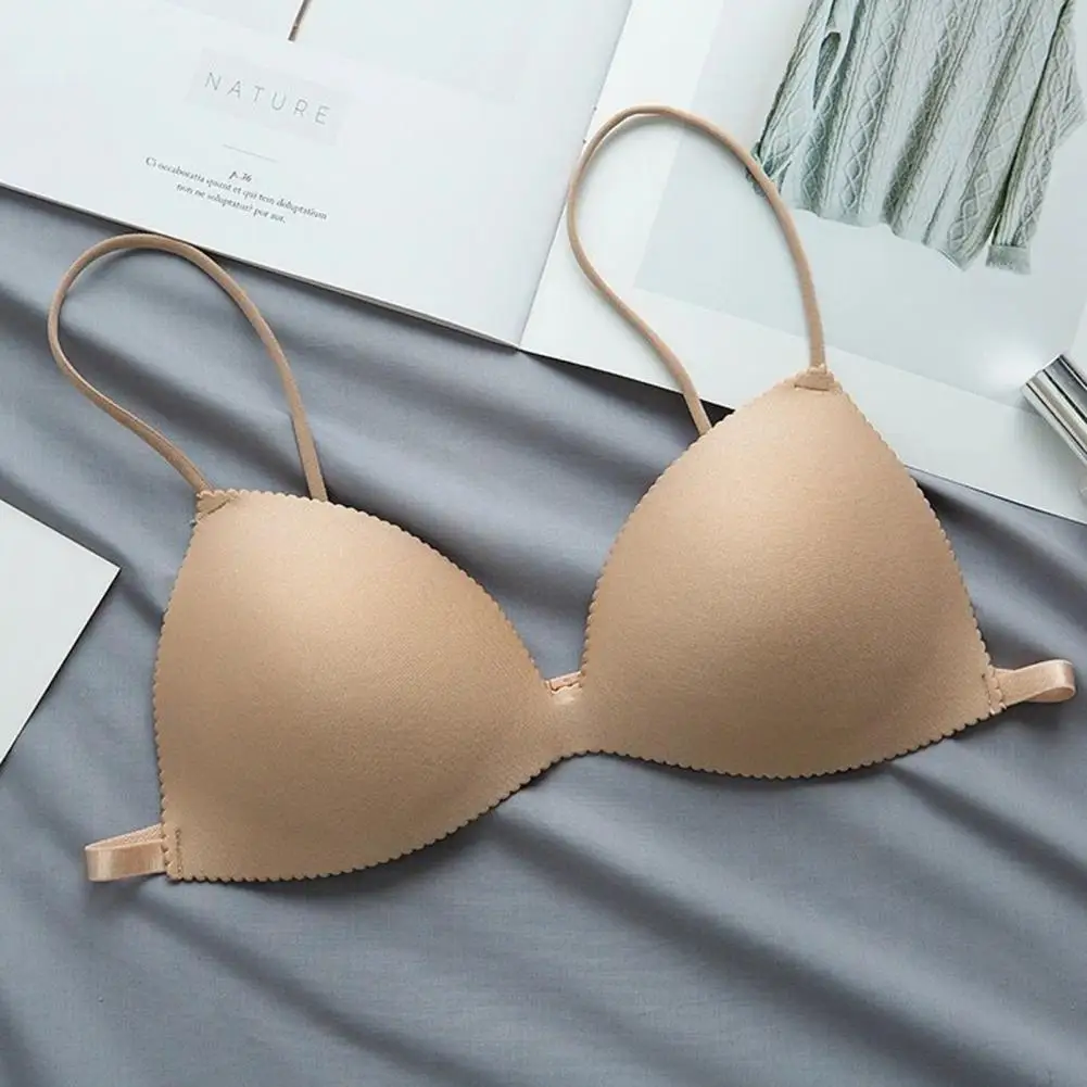 

Women Bra Back Closure Spaghetti Straps Solid Color Seamless Wireless Breast Support Breathable One Piece Thin Shoulder Lady