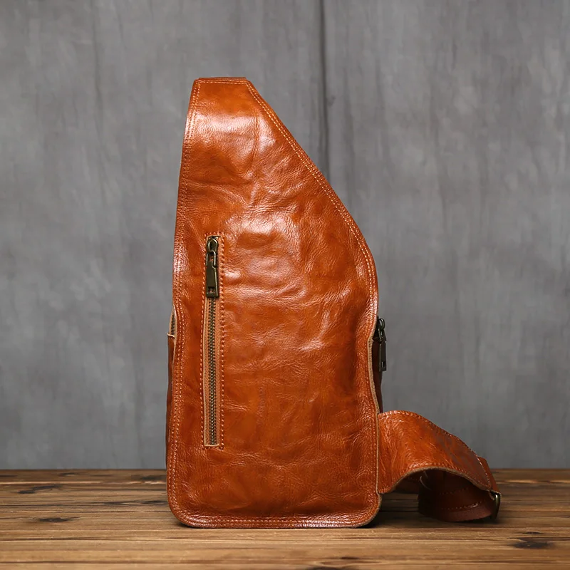 NZPJ Retro Genuine Leather Men's Chest Top Layer Cowhide Crossbody Bag Casual Shoulder Bag Suitable for 8-Inch IPad