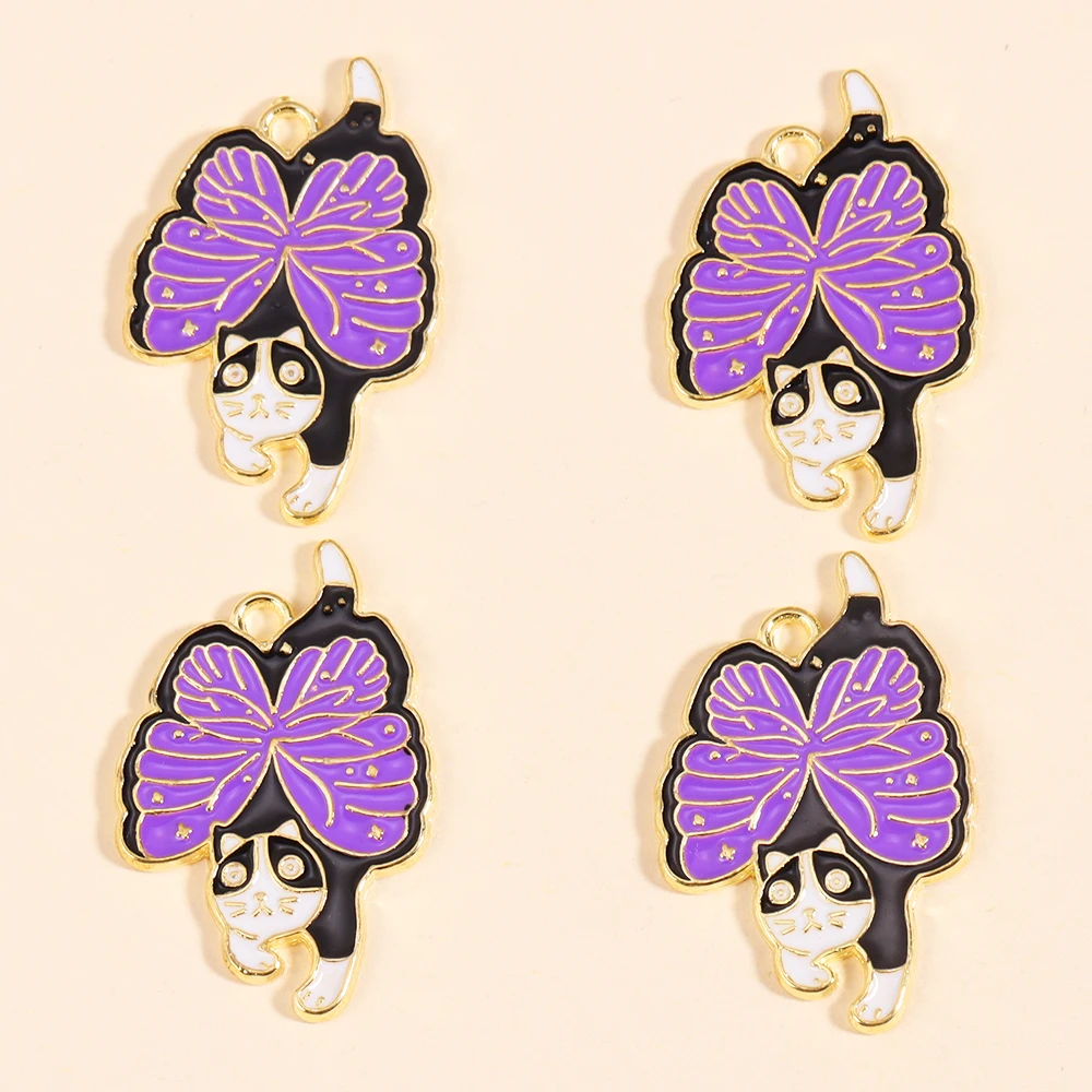 10 Stück Cartoon Emaille lila Flügel Katze Schädel Charme für Schmuck machen DIY Tier Ohrringe Anhänger Halskette Halloween Zubehör – Detail 7