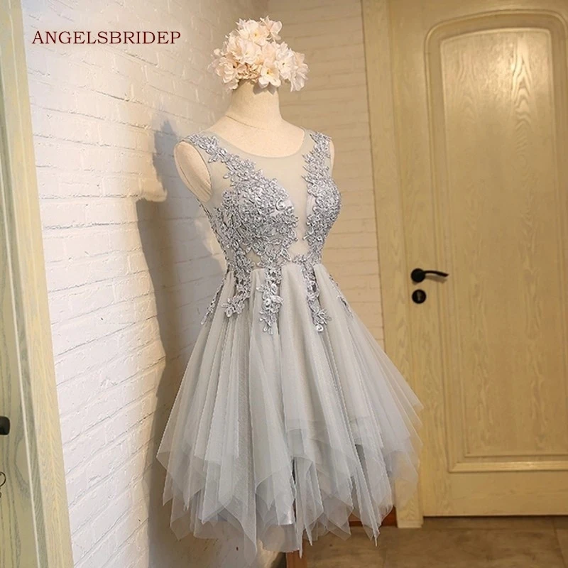 

ANGELSBRIDEP Sheer Neck Grey Homecoming Dresses Vestidos de festa Sexy See-Through Back Applique Tulle Graduation Party Gowns