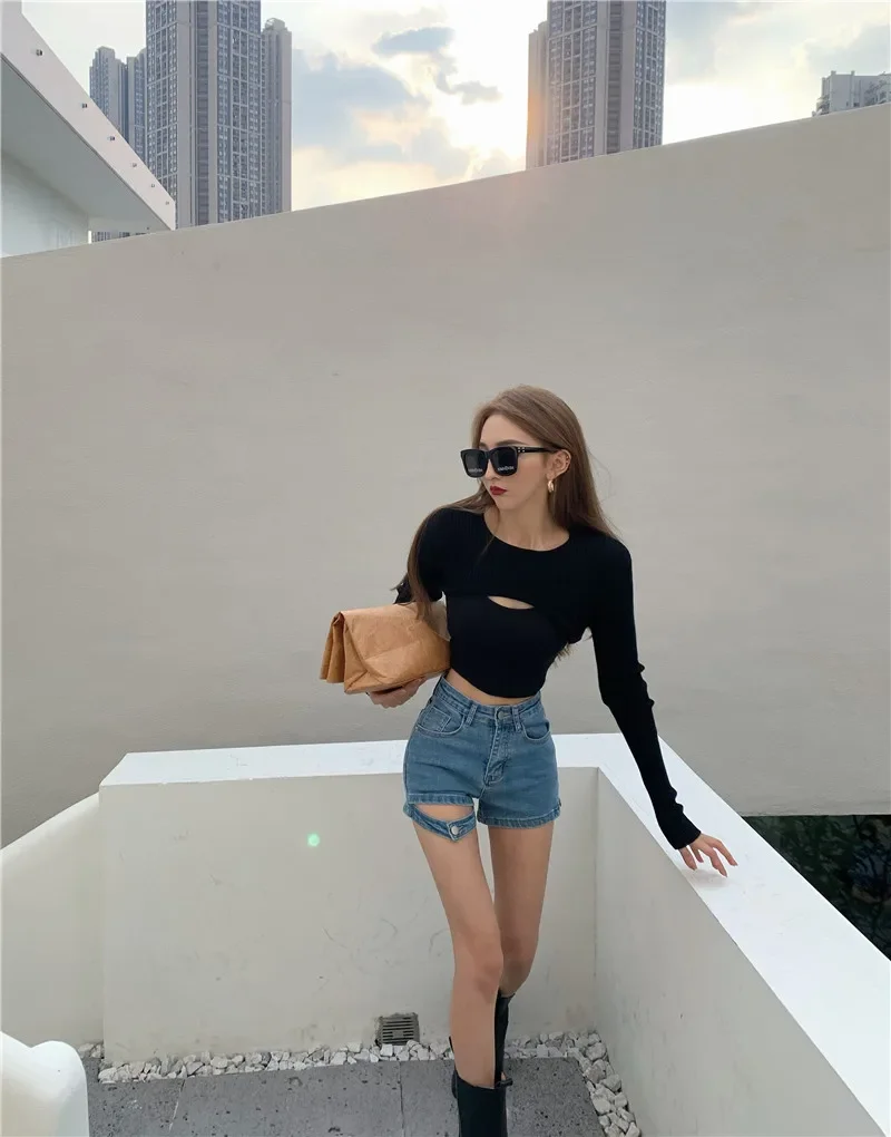 2023 Summer Women's Sexy High Waist Blue Denim Shorts Solid Short Jeans Indie Casual Streetwear Elastic Black Shorts High Street
