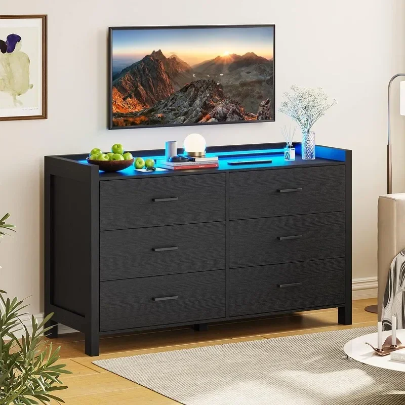 

Dresser for Bedroom, 6 Drawer Double Dresser with LED Lights, Wood Chest of Drawers, Modern Storage Makeup Desk for Bedroom