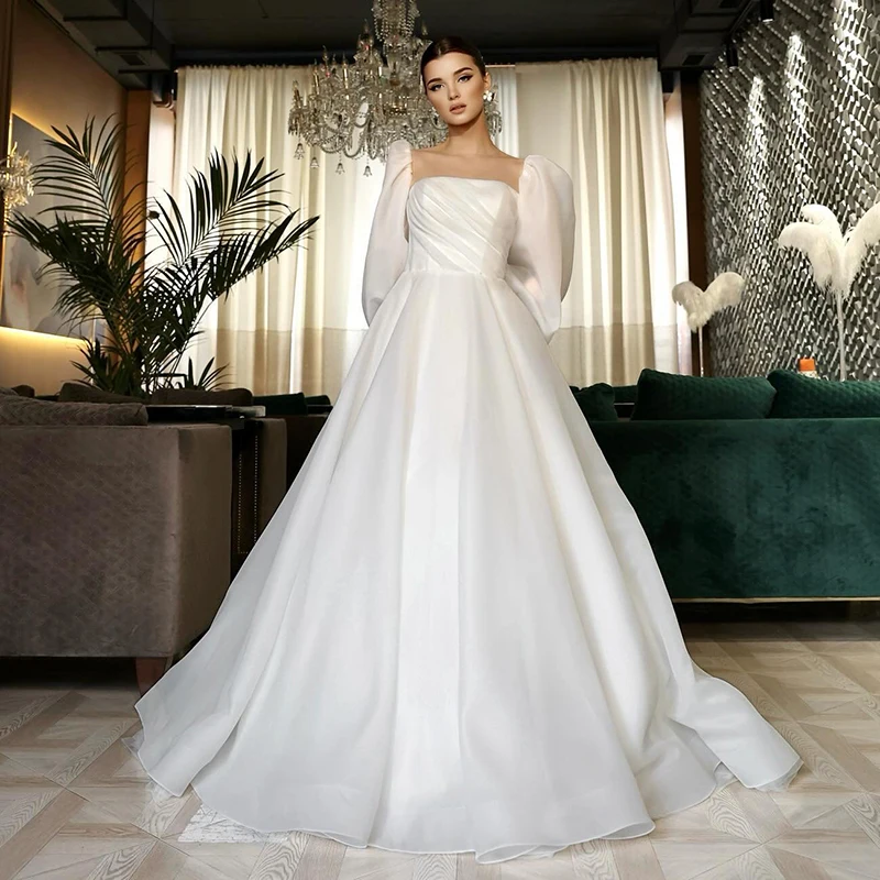 

Женское свадебное платье в пол, с пышными рукавами, а-силуэт