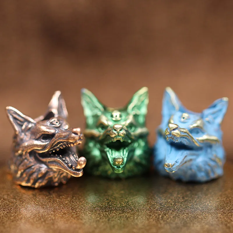 Three Eyes Wolf Head Sculpture Brass Knife Beads DIY Paracord Handmade Woven Lanyard Pendant Accessories EDC Outdoor Charms Tool