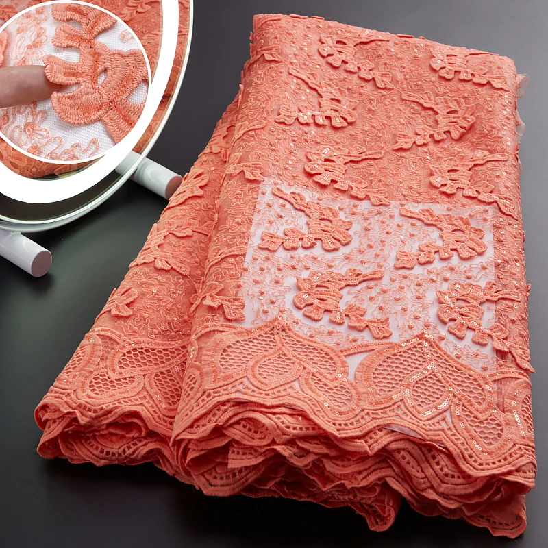 

African Lace Fabric High Quality Soft Milk Silk 3D Squence Embroidered French Nigerian Lace Fabric For Wedding Party Dress A2991