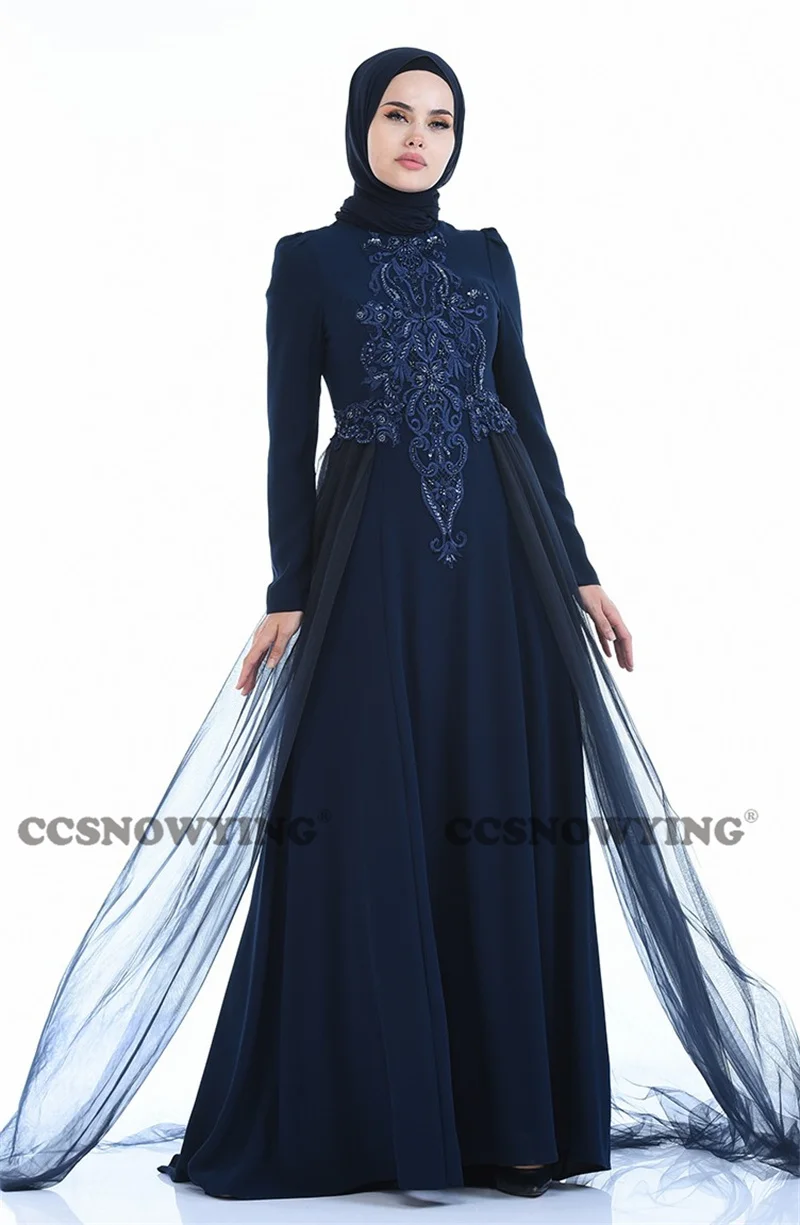

Muslim Chiffon Appliques Full Sleeve Evening Dress Hijab Prom Formal Party Gown High Neck Arabic Kaftan Islamic Robes De Soirée
