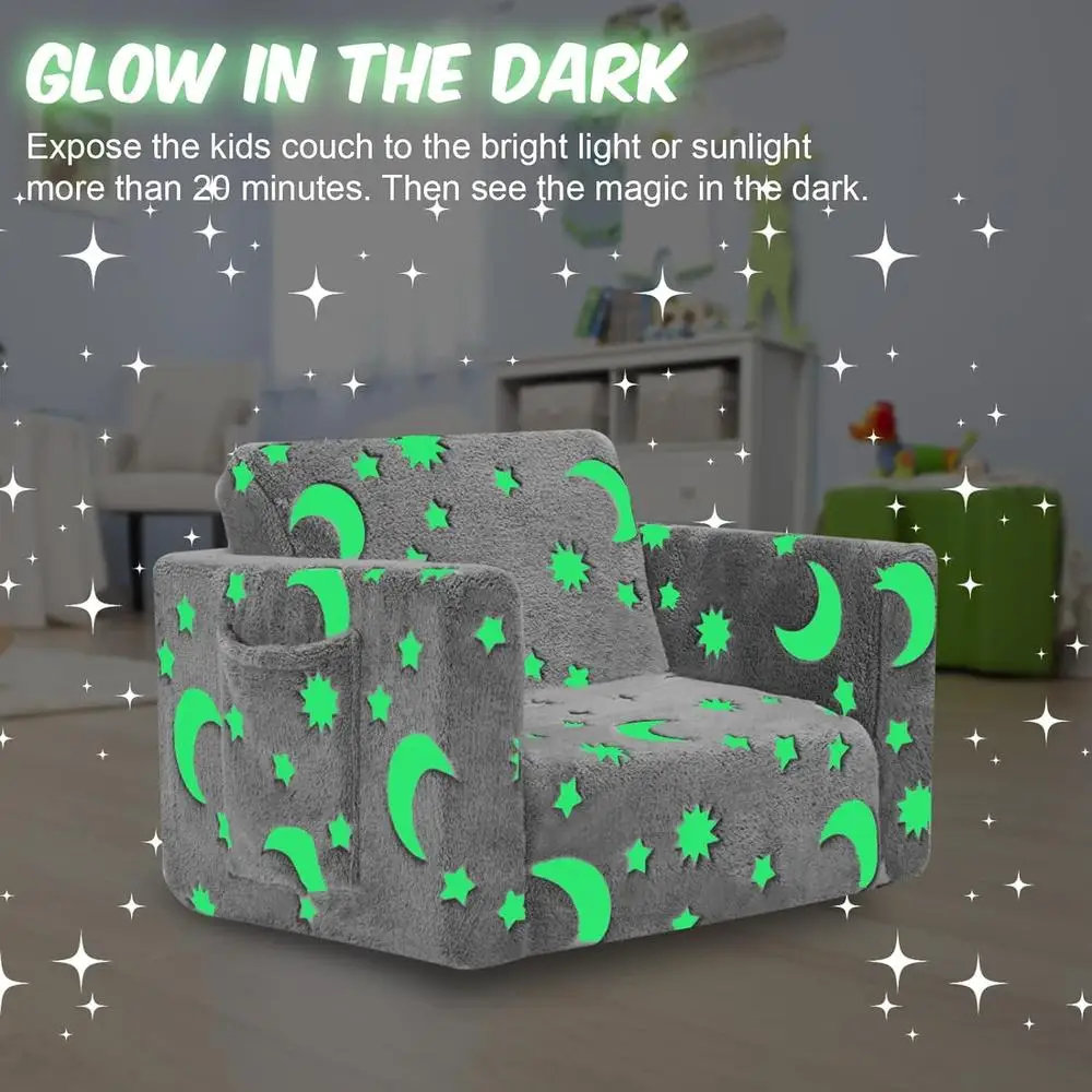 Toddler Couch 2 in 1 Folding Kids Sofa Glow in The Dark Comfy Sleeper Chair Plush Toddler Chair Indoor Kids Furniture 4