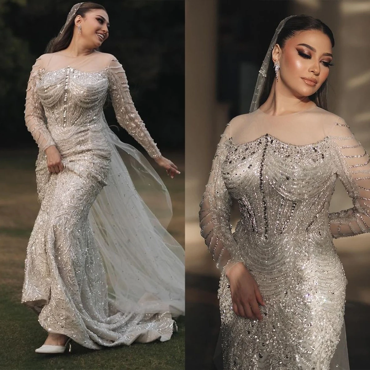 

Elegant Wedding Dresses Sequins Appliques Lace Mermaid Bridal Gowns Custom Made Long Sleeves Sweep Train Robes