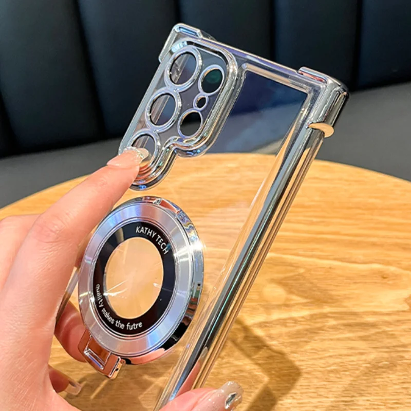 Luxury Plating Shockproof Magnetic Stand Clear Phone Case with Acrylic Back Cover