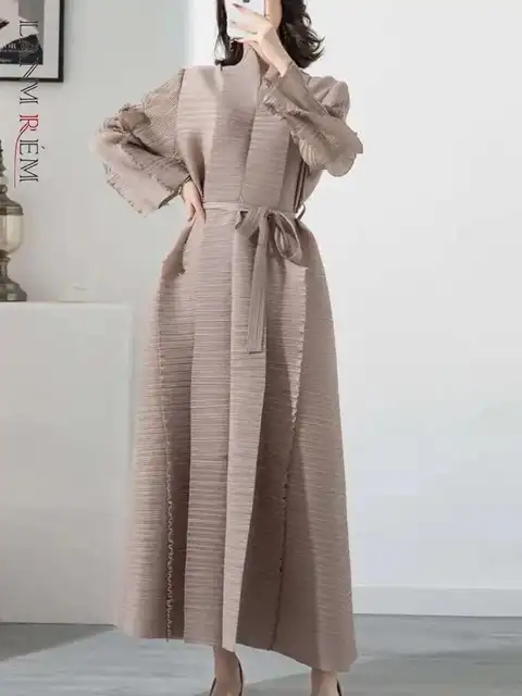 LANMREM Spliced Pleated Dress For Women V-neck Long Sleeves Designer Belt Party Dresses Patchwork Female Clothing 2025 2YA1324