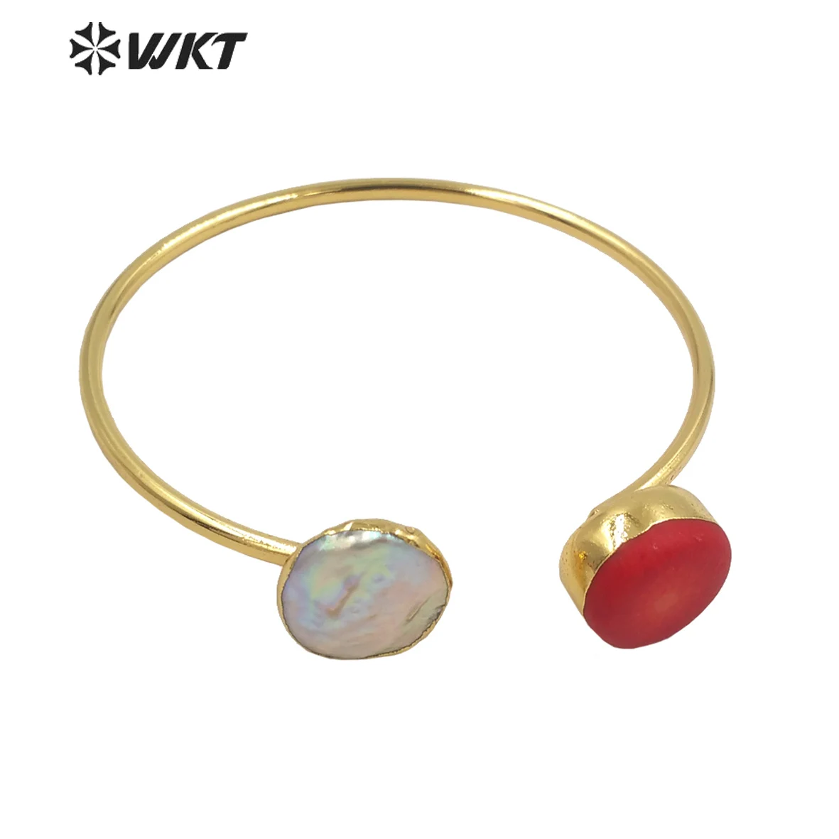 

WT-MPB052 WKT Beautiful Natural Pearl Bracelet Round Pearl With Red Coral Opening Big C Bangle Ladies Birthday Jewelry