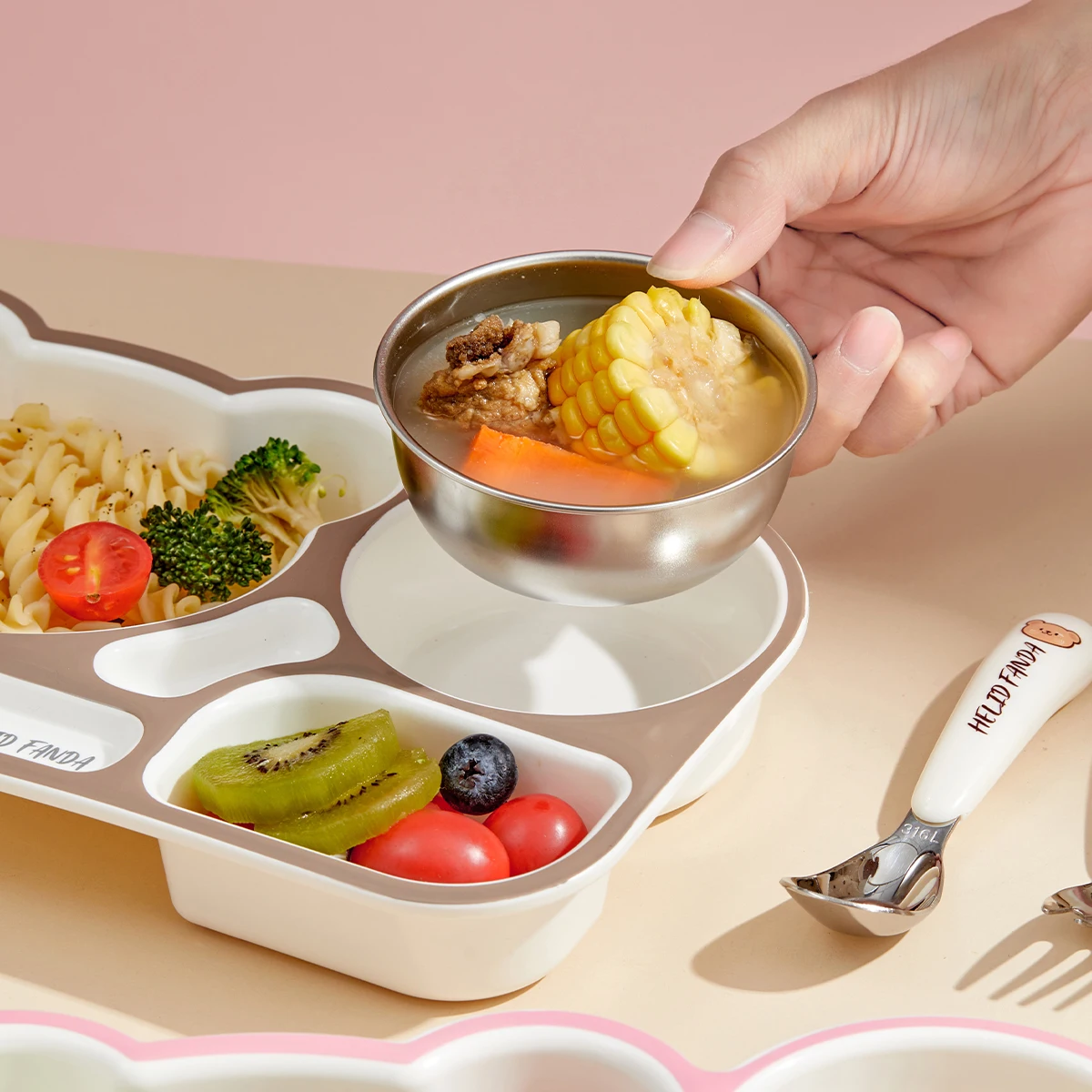 WORTHBUY New Cartoon Plastic Divided Dinning Plate With Soup Bowl Reusable Food Plates For Kids Microwave Safe Food Serving Tray