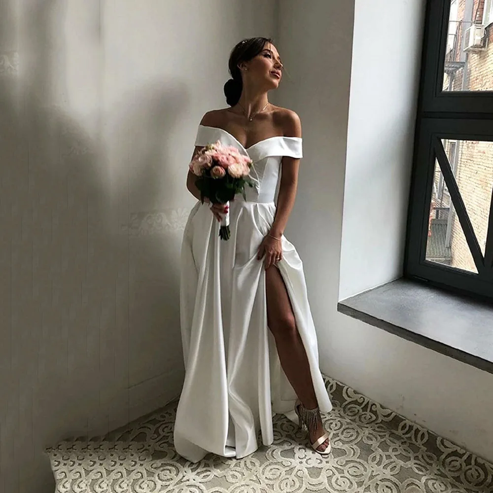 

Beach Satin Wedding Dresses Vintage Off The Shoulder Wedding Bride Dresses Side Split For Women Customize To Measures Stunning