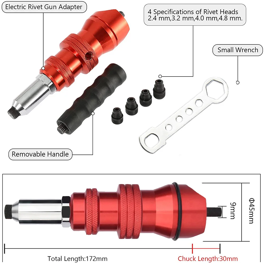 Electric Rivet Gun Adapter 2.4mm-3.2mm-4.0mm-4.8mm Home Core Blind Rivet Gun Aluminum Alloy Riveting Tools Cordless Gun