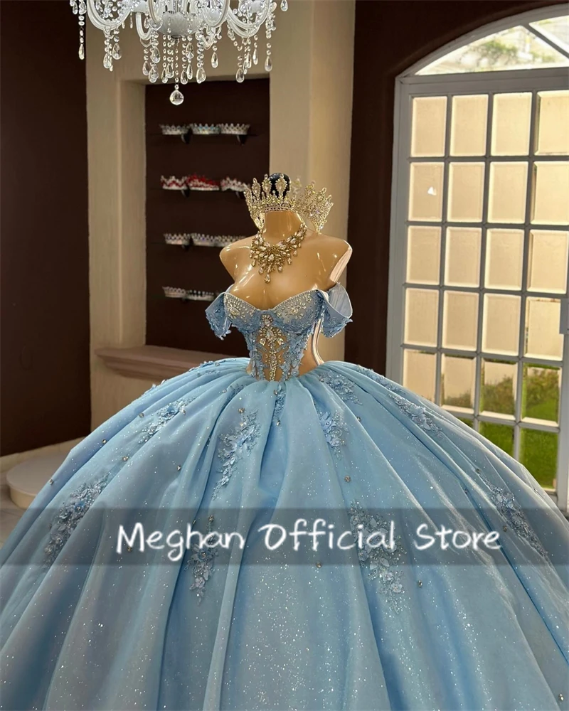 Blue Bead Appliques Quinceanera Dresses Ball Gown 3D Flower Birthday Luxury Dress Off The Shoulder Formal Gown Customized