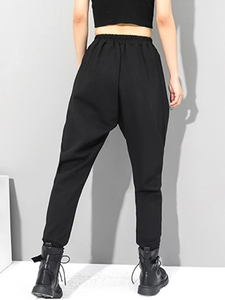 [EAM] High Elastic Waist Black Brief Long Harem Trousers New Loose Fit Pants Women Fashion Tide Spring Autumn 2026 1DC419