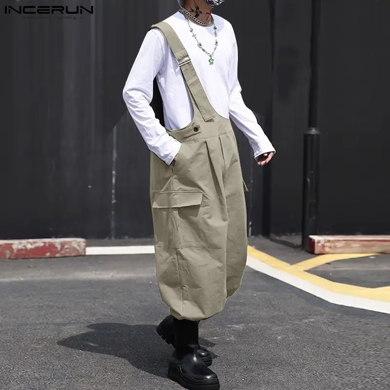Men Jumpsuits Solid Color Loose Sleeveless Casual One Shoulder Fashion Rompers Streetwear Male Cargo Overalls Pants INCERUN Denim Overalls