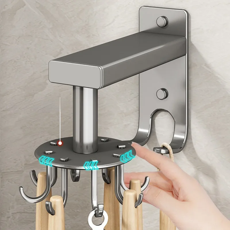 Kitchen Rotary Hook Wall Mounted Spatula Non Punching Kitchen Utensil Storage Rack Hanging Rod Non Nail
