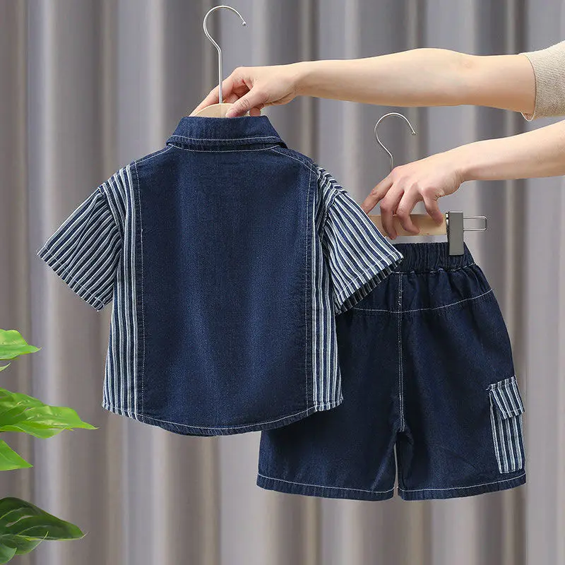 Summer Kids Boys Handsome Clothing Children Casual Denim Short Sleeve Shirt+ Shorts 2Pcs/Set Kids Striped Sportswear 2-10Y