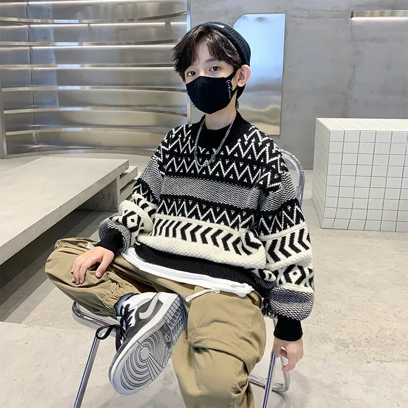 어린이 스웨터 남아, 두꺼운 베이스레이어 탑, 세련된 트렌디 크루넥, 따뜻한 겨울 웨어, 가을, 겨울, 2023 새로운 스타일