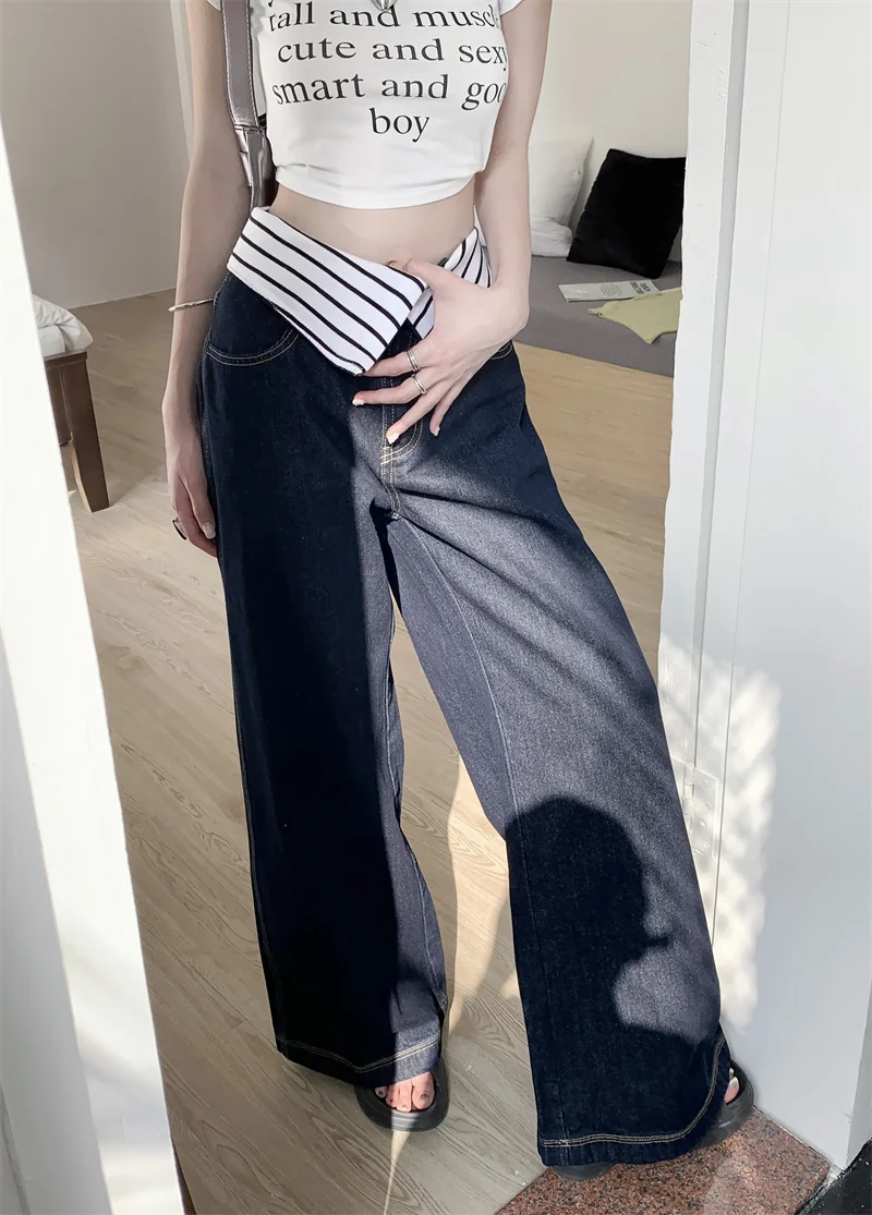 

Korean style loose fitting casual design with high waisted and slim wide leg long jeans for women Full Length women pants