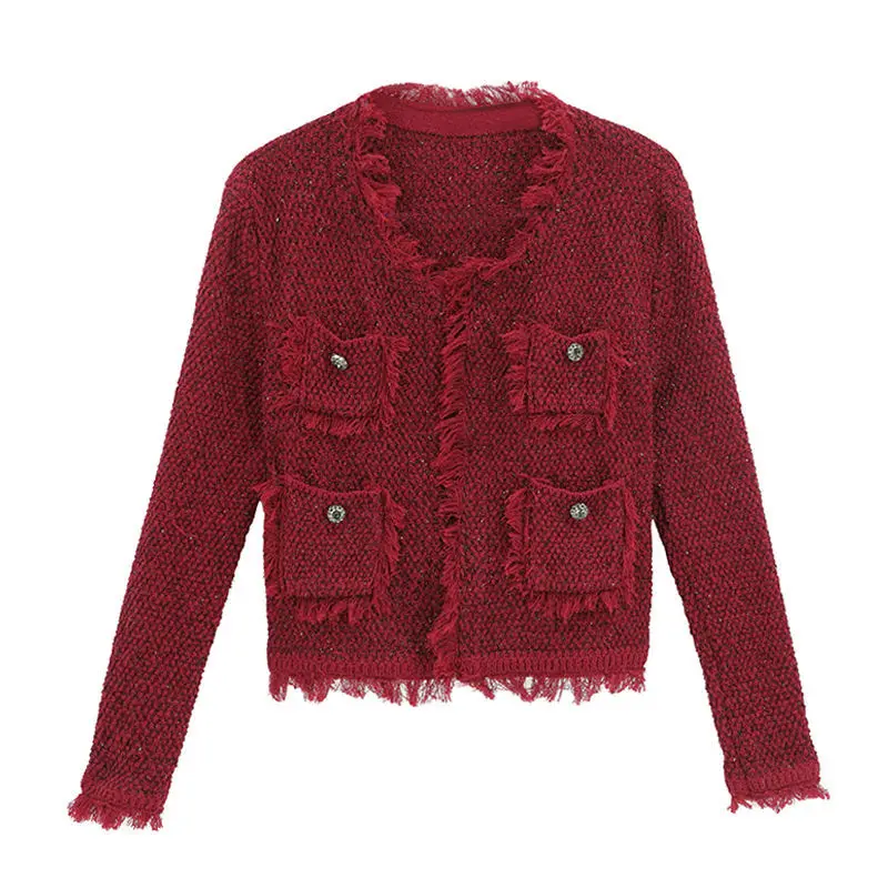 Women Vintage Tweed Jacket 2023 Korean Fashion Tassel Long Sleeve Outwear Luxury Ladies V-Neck Open Stitch Cardigans Coat S-2XL
