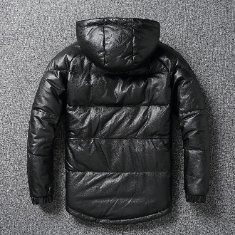 Men Leather Jacket Thick Hood Warm Down Coat