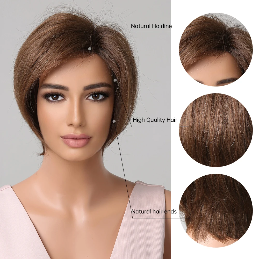 Light Brown Human Hair Pixie Cut Bob Lace Wigs Short Remy Human Hair with Bangs Lace Front Wig for White Women Daily