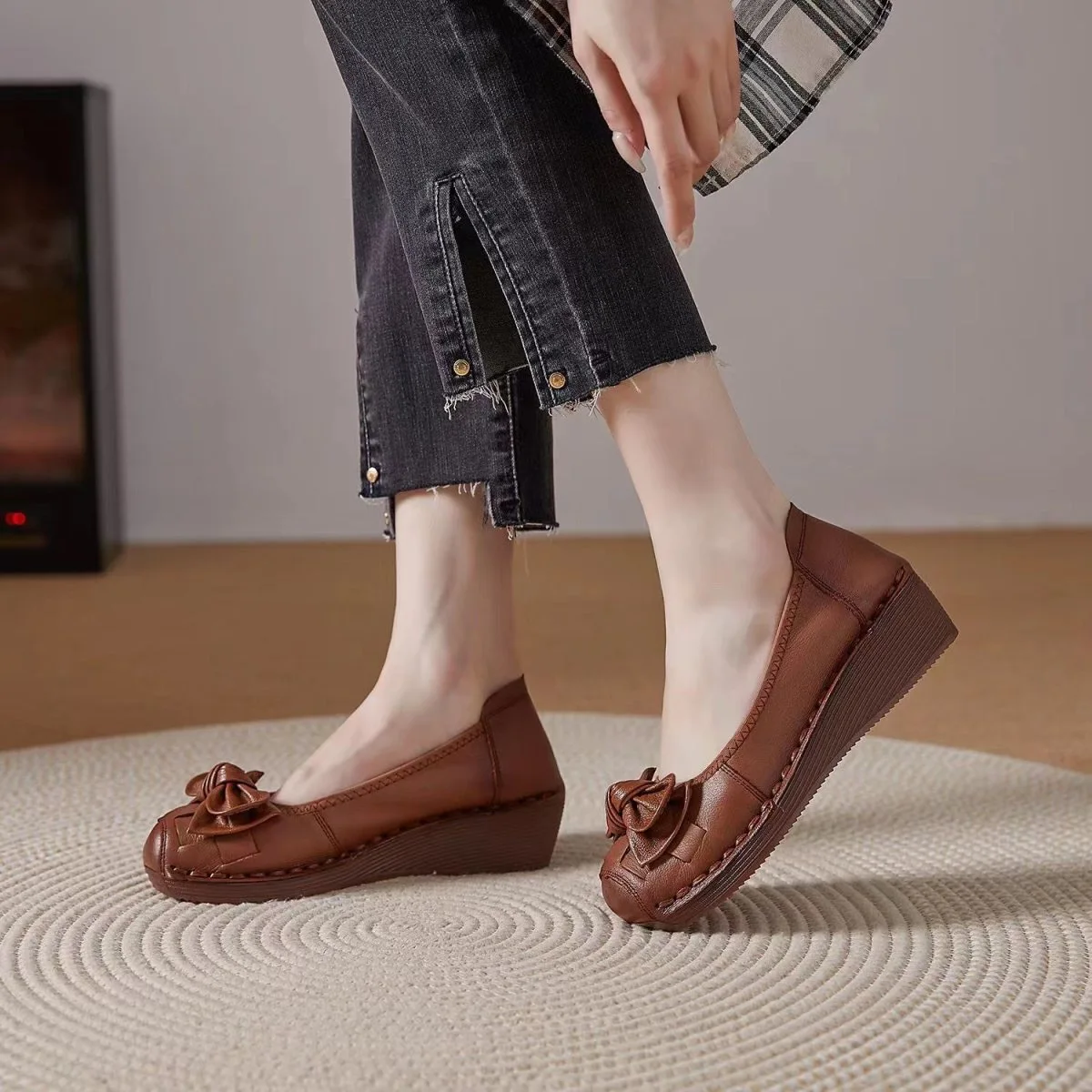2024 rote Mokassins Retro für Frauen echtes Leder Wohnungen atmungsaktive Loafer Schuhe Damen weiche lässige flache Schuhe – Detail 7