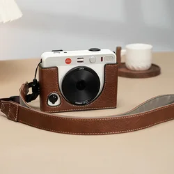 Premium Leather Camera Bag with Shoulder Strap for Leica Sofort 2 - Protective Case Cover with Base Grip Handle (Case and Strap Coffe)