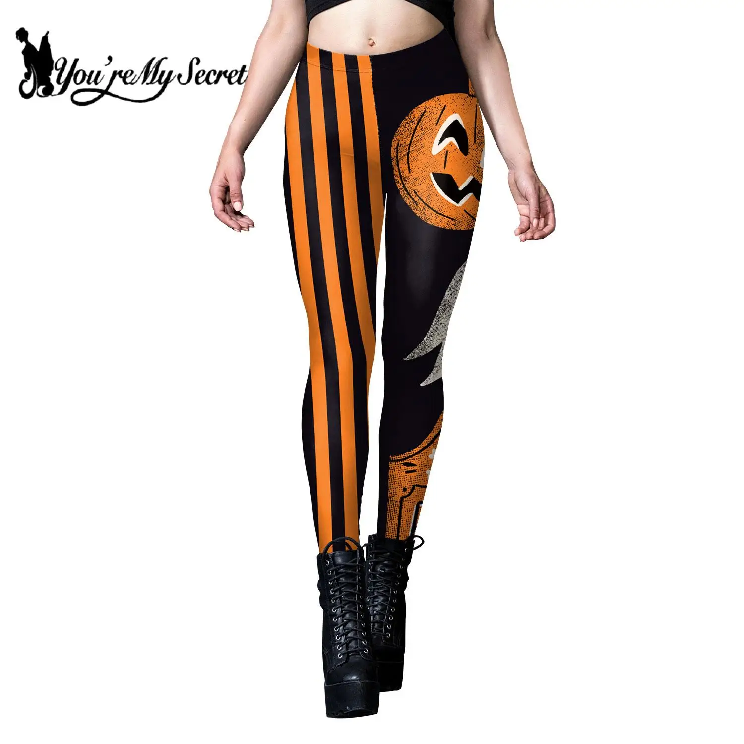 

[You're My Secret] Halloween Skull Strips Print Leggings Mid Waist Fitness Workout Trousers Pants Woman Sexy Stretch Legging