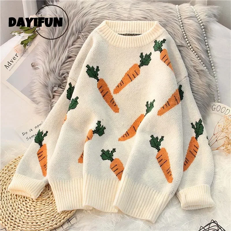 

DAYIFUN Female Sweaters Carrot Embroidered Turtleneck Long Sleeve Knitted Pullovers 2024 Autumn Winter Loose Jumpers Knit Tops