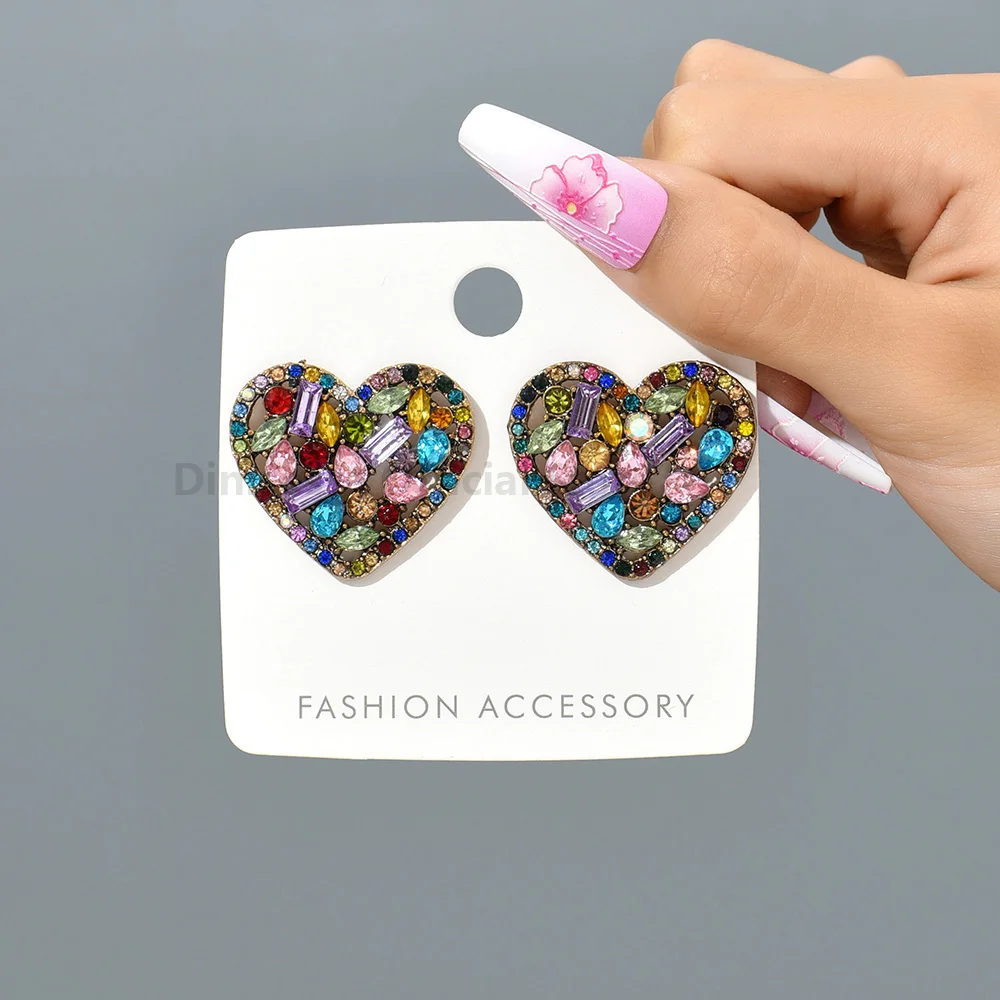 Korean Fashion Heart Metal Hollow Stud Earrings For Women Girl Luxury Bling Color Crystal Party Jewelry Aesthetic Accessories