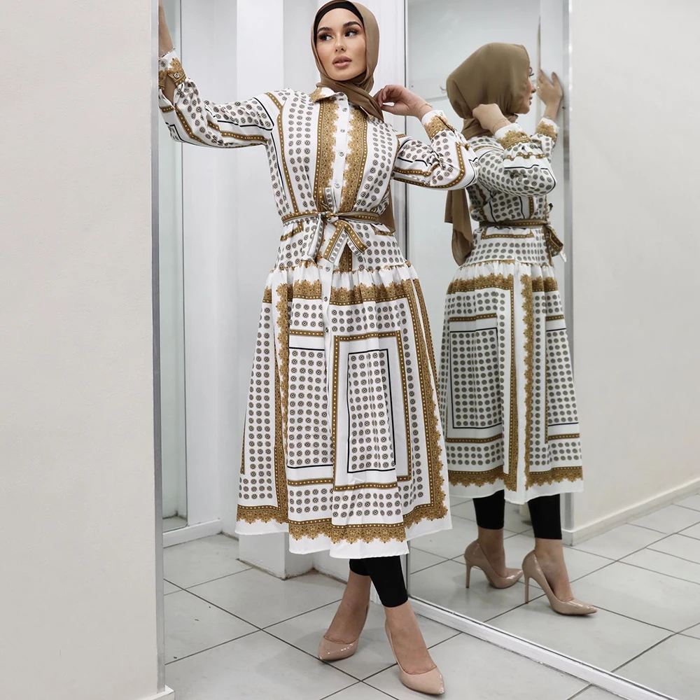 

Новое мусульманское женское весеннее элегантное платье Abaya, белое вечернее платье с вырезом и длинным рукавом с принтом, турецкая модная одежда в Дубае