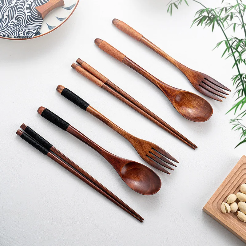 Japanese Style Natural Wooden Cutlery Set Durable Bamboo Fork Spoons Chopsticks Tableware Portable Dinnerware Kitchen Utensil