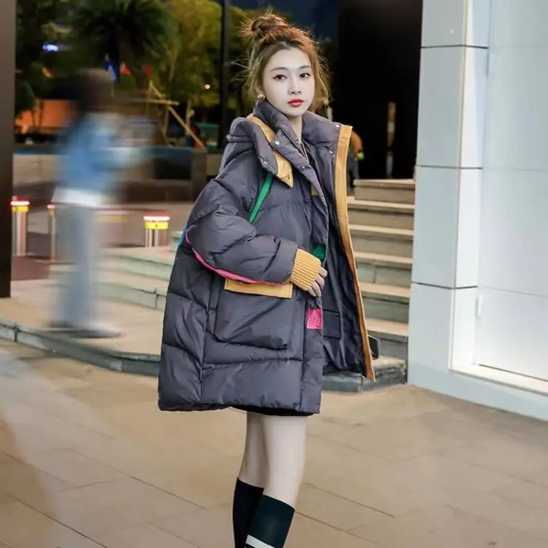 Women's Color Block Loose Design Thick Embroidery Button Down Zipper Hooded Coat, Winter Parka, New, 2024