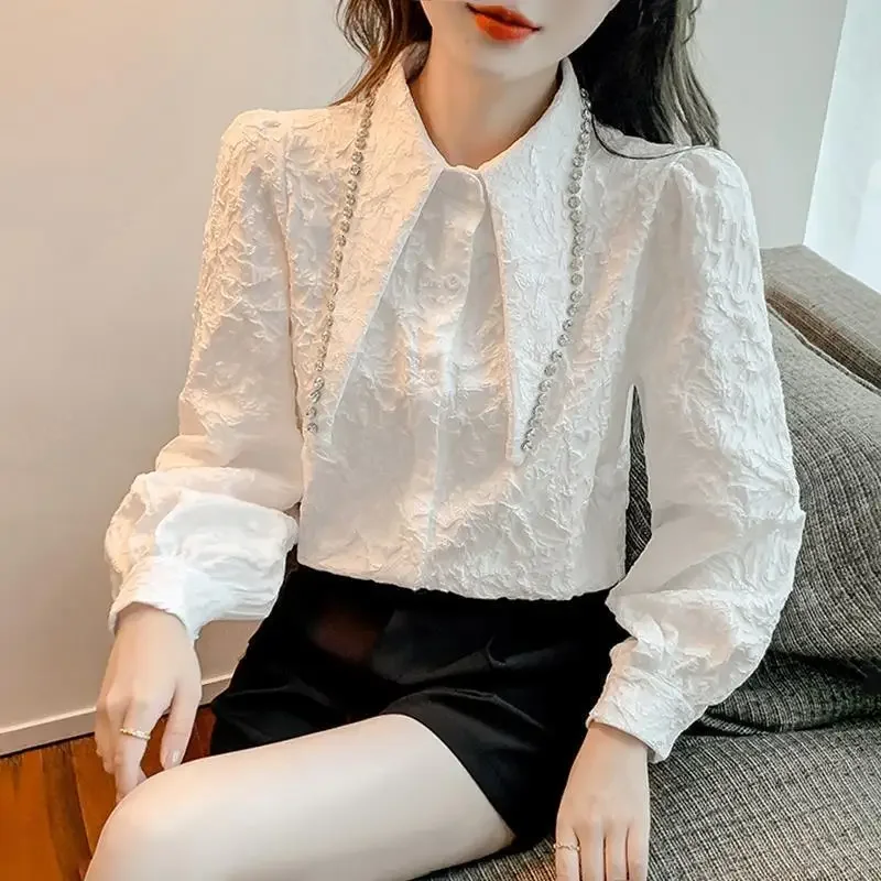 Women's Autumn Winter White Retro Shirt Designer Women's Clothing Diamond Loose High Quality Korean Fashion Office Jacquard