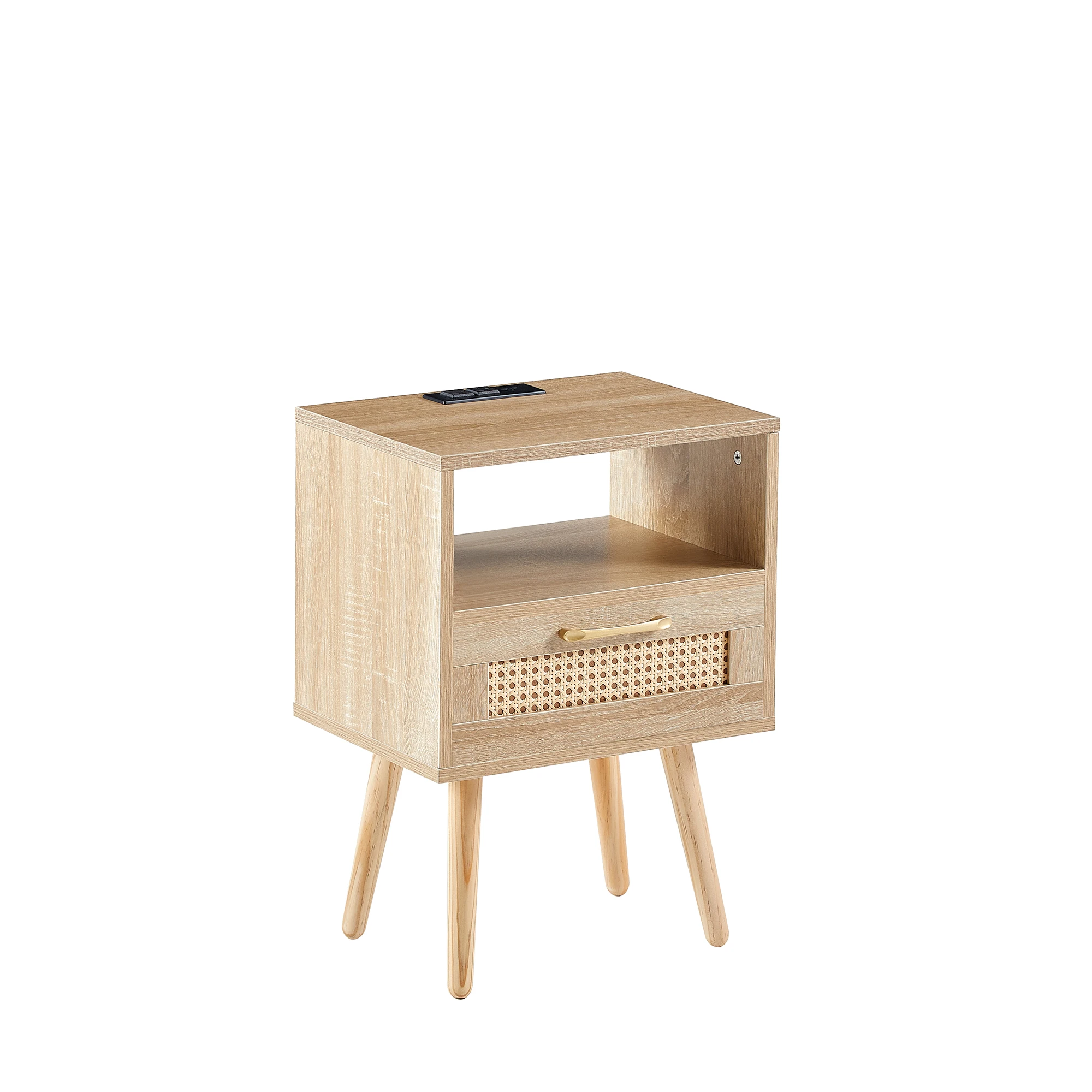 Rattan End table with Power Outlet & USB Ports, Modern nightstand with drawer and solid wood legs, side table for living room