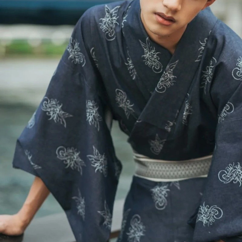 Japanese Men's Traditional Bathrobe Samurai Suit Summer Festival Cosplay Dragon Cloud Pattern Not Easy To Wrinkle Kimono Suit
