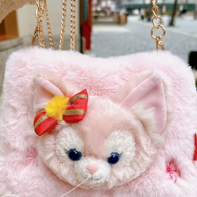 Original Disney LinaBell Plush Women Shoulder Bag Shanghai Disneyland Park Winter Plush Pink Crossbody Zipper Storage Handbag 4