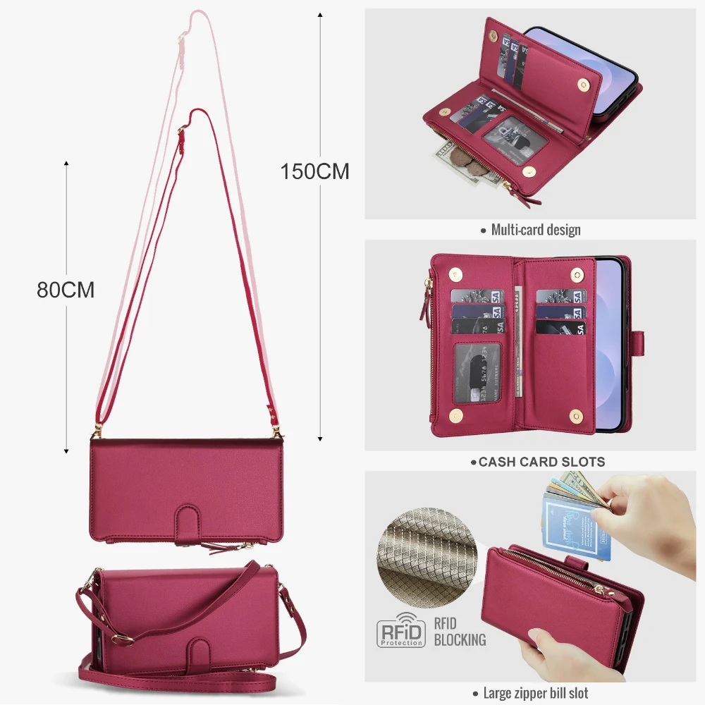 Premium Wireless Charging Flip Wallet Phone Case with Lanyard Strap and Bumper Protection