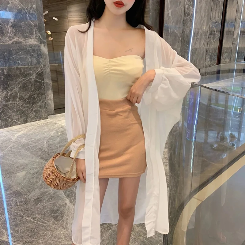 MEXZT 여름 여성 블라우스, 퍼프 소매 긴 쉬폰 자외선 차단 셔츠, 블랙 화이트, 루즈 캐주얼 자외선 차단 셔츠 상의, 가디건