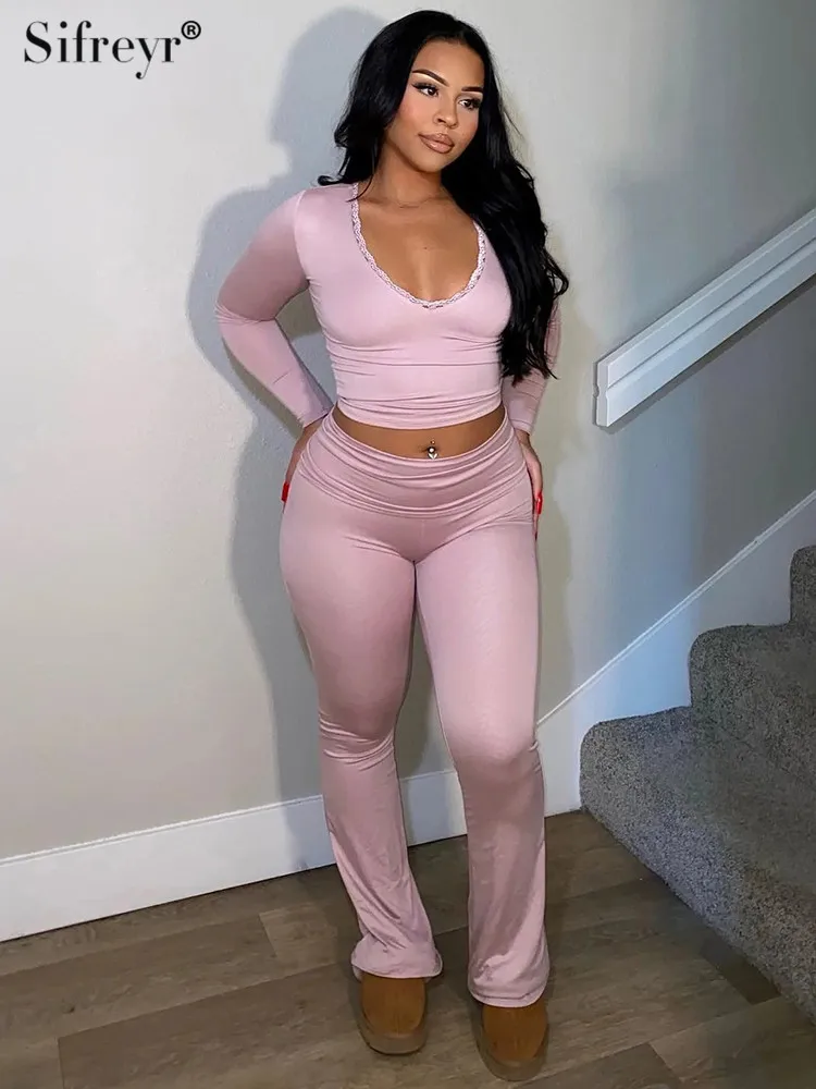 

Sifreyr Casual Fashion Trousers Set Lace Round Neck Spliced Long Sleeve Sexy Open Navel T-shirt High Waist Straight Pants Suit