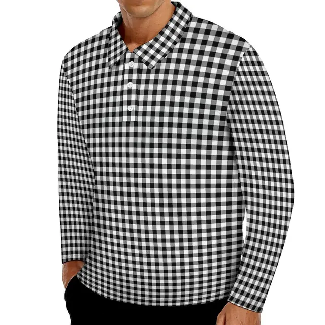 Stylish and versatile Black And White Casual T-Shirts Man Check Print Long Sleeve Polo Shirt