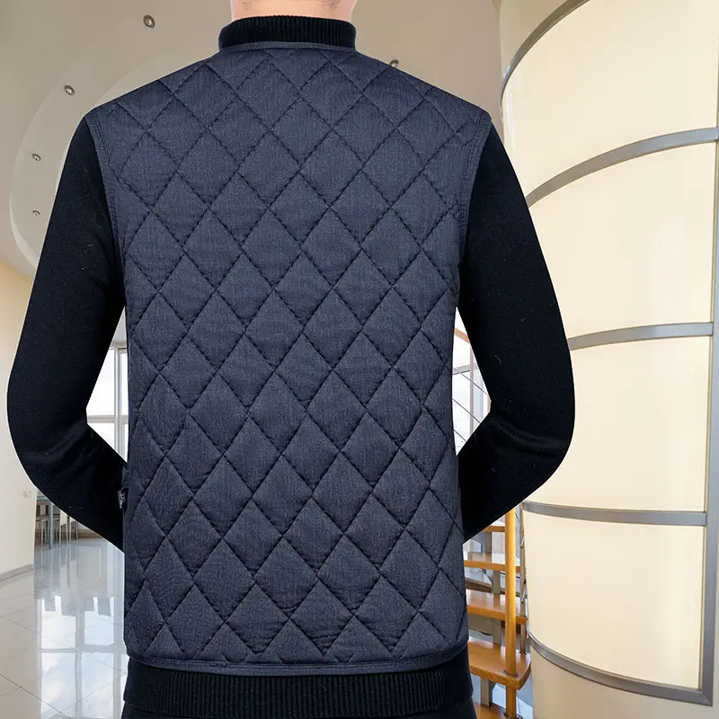 Autumn Winter Men Thicken Fleece Warm Cotton Coats Vests Streetwear Fashion Casual Male Clothes Slim Sleeveless Plaid Jackets