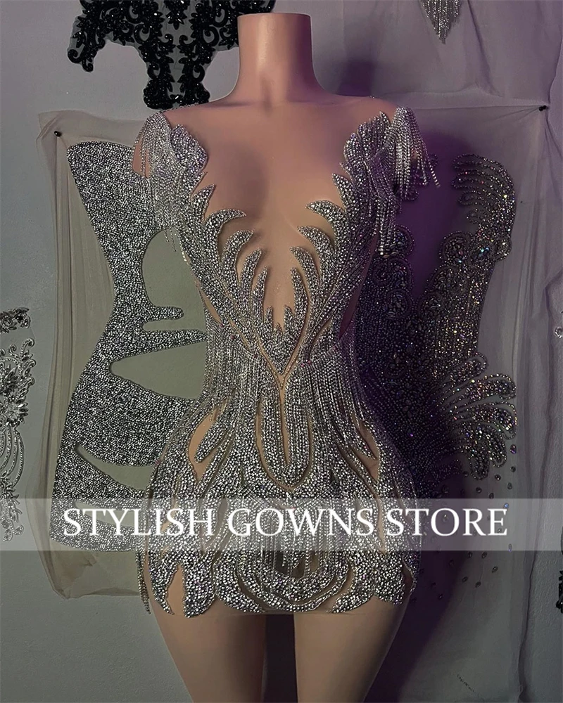 Evening Dresses Black Girl Diamond Mini Cocktail Dress Beads Crystal Chain Short Prom Dresses Sexy See Through Luxury Handmade Party Gowns