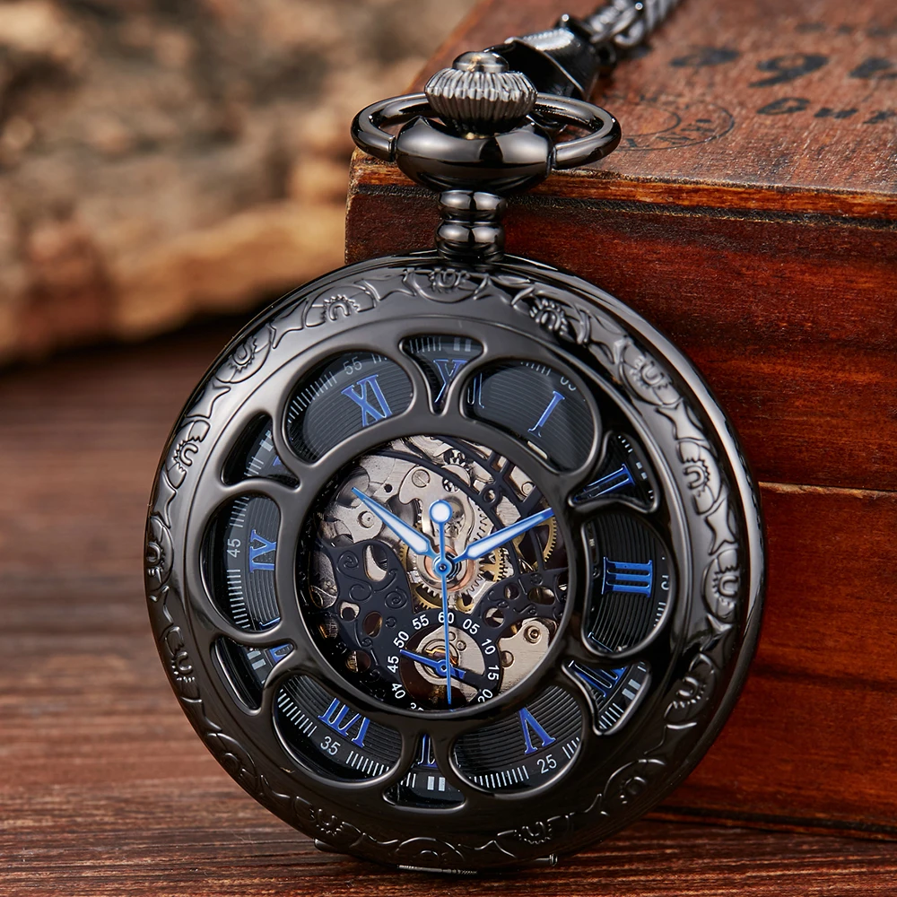 

Roman Numeral Luxury Mechanical Pocket Watch Engrave Carving Sliver Case Steampunk Skeleton Watches Fob Chain Clock for Men
